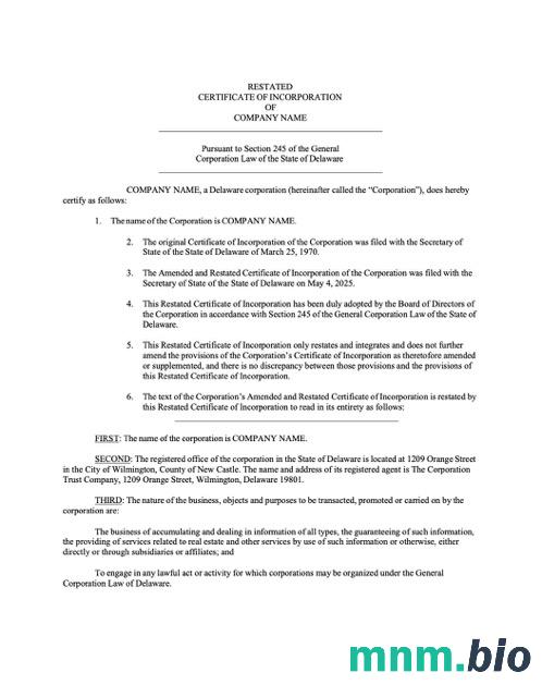 Świadectwo rejestracji w Delaware, USA, szablon Word i PDF, Wersja 3
